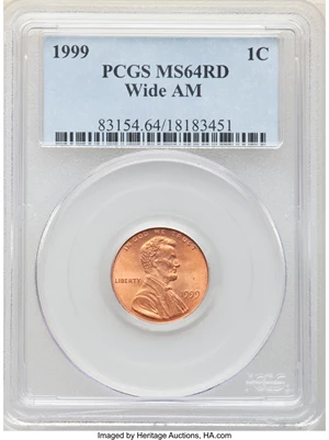 image for: 1999 1C Wide AM MS64 Red PCGS. PCGS Population: (43/59). NGC Census: (20/106). CDN: $150 Whsle. Bid for NGC/PCGS MS64. ...