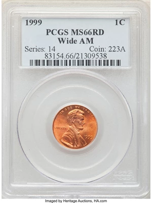 image for: 1999 1C Wide AM MS66 Red PCGS. PCGS Population: (22/8). NGC Census: (62/12). CDN: $250 Whsle. Bid for NGC/PCGS MS66. ...