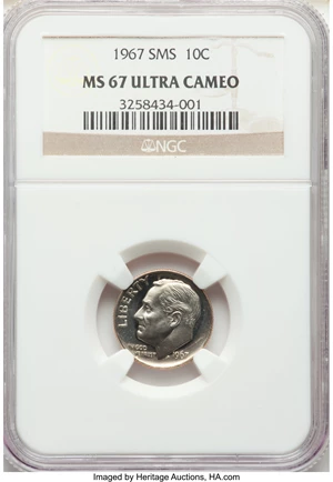 image for: 1967 10C SMS MS67 Ultra Cameo NGC. NGC Census: (20/17). PCGS Population: (21/4). CDN: $250 Whsle. Bid for NGC/PCGS MS67. ...