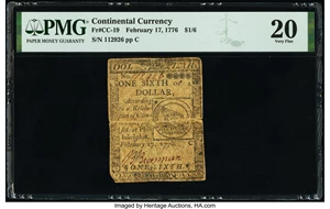 image for: Continental Currency February 17, 1776 $1/6 PMG Very Fine 20....