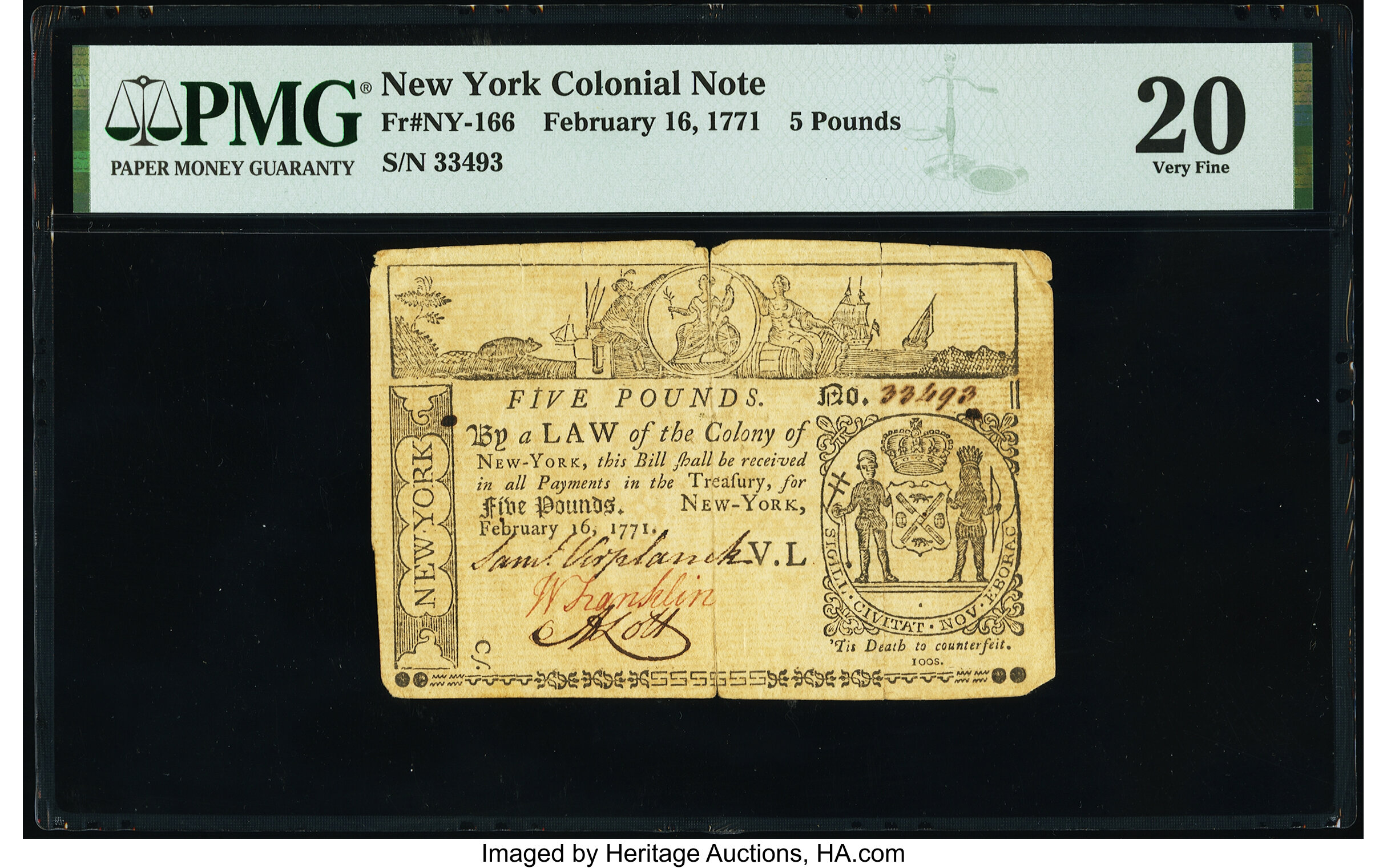 image for: New York February 16, 1771 £5 PMG Very Fine 20....