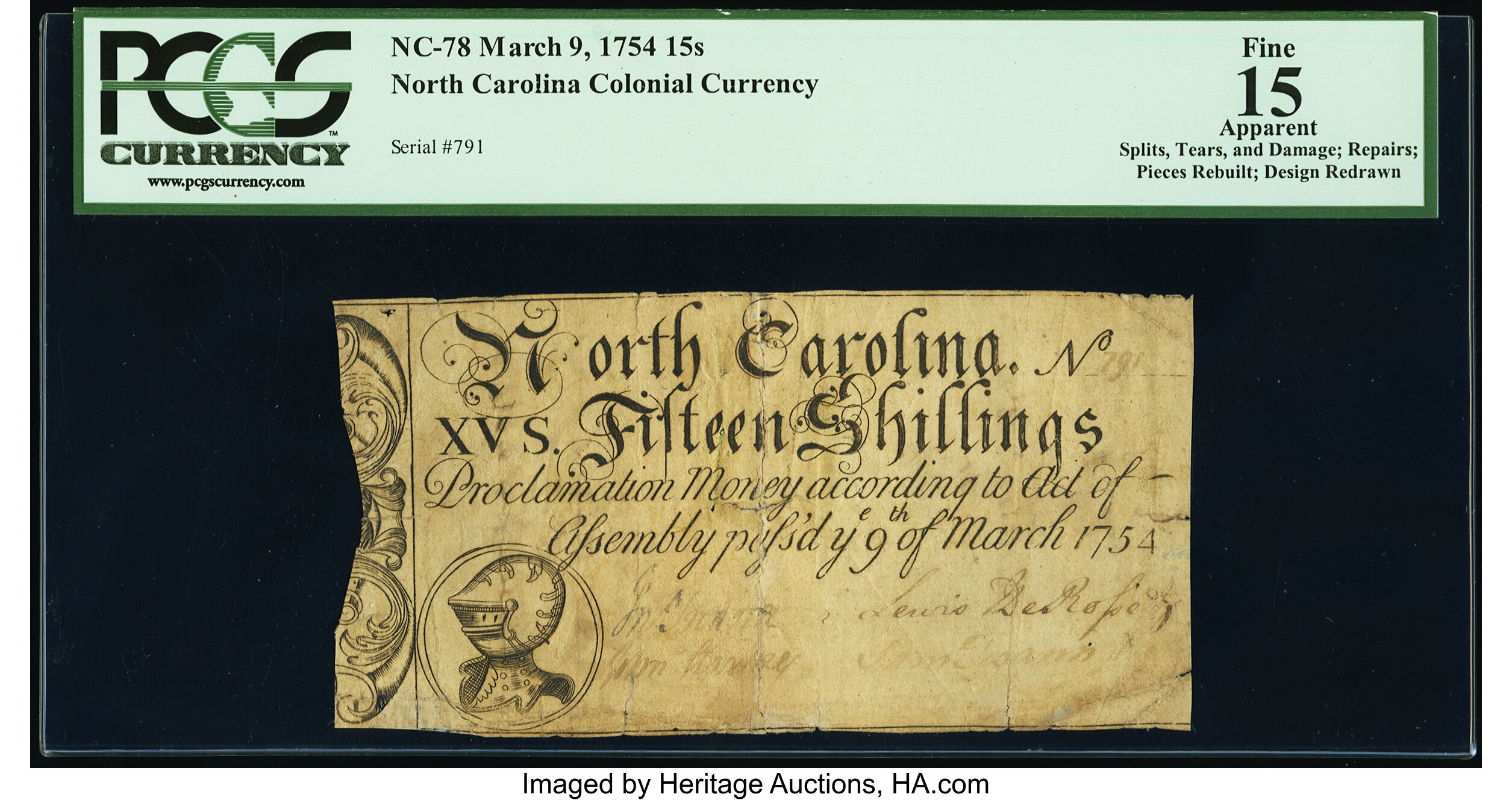 image for: North Carolina March 9, 1754 15s PCGS Apparent Fine 15....