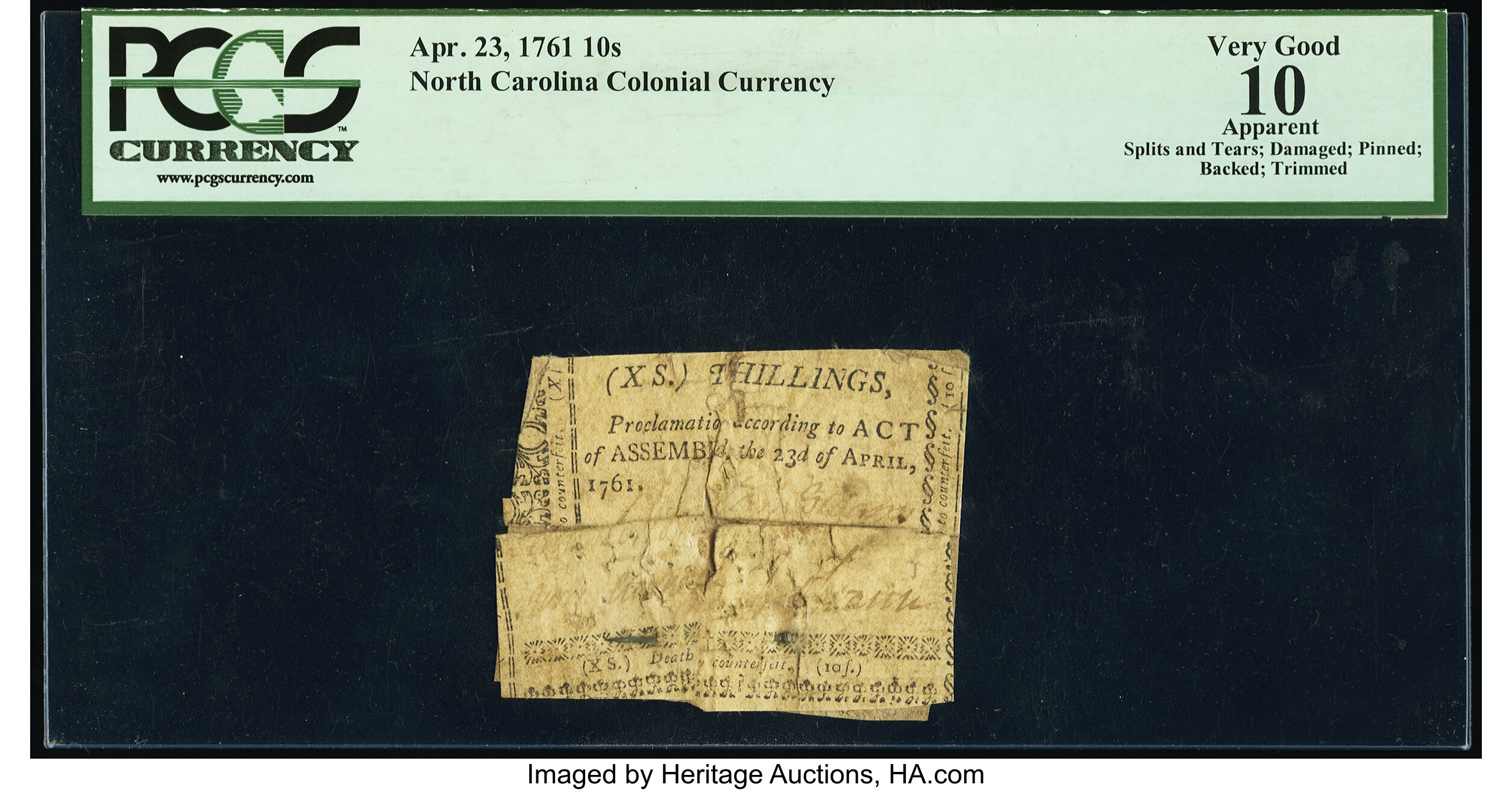 image for: North Carolina April 23, 1761 10s PCGS Apparent Very Good 10....