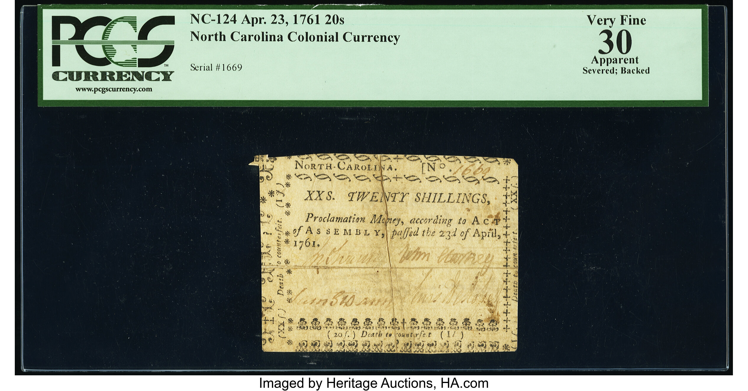 image for: North Carolina April 23, 1761 20s PCGS Apparent Very Fine 30....