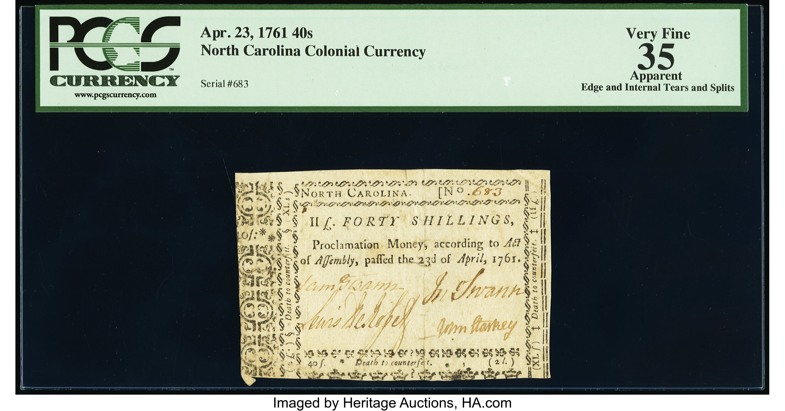 image for: North Carolina April 23, 1761 40s PCGS Apparent Very Fine 35....