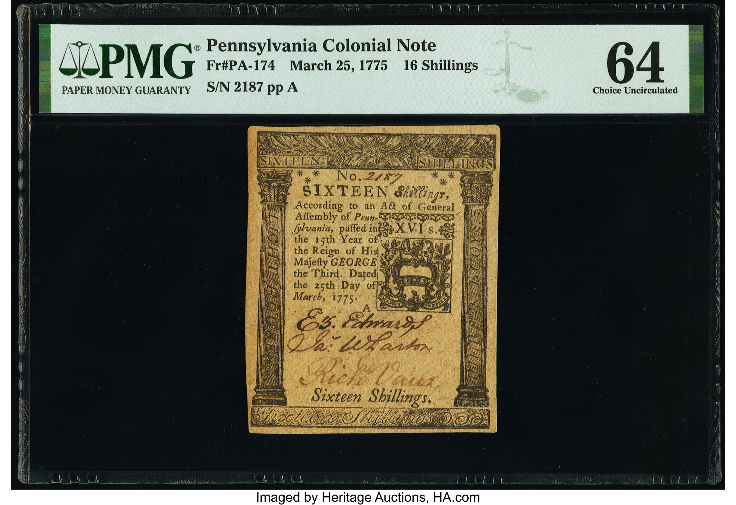 image for: Pennsylvania March 25, 1775 16s PMG Choice Uncirculated 64....