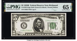 image for: Fr. 1952-E $5 1928B Federal Reserve Note. PMG Gem Uncirculated 65 EPQ....