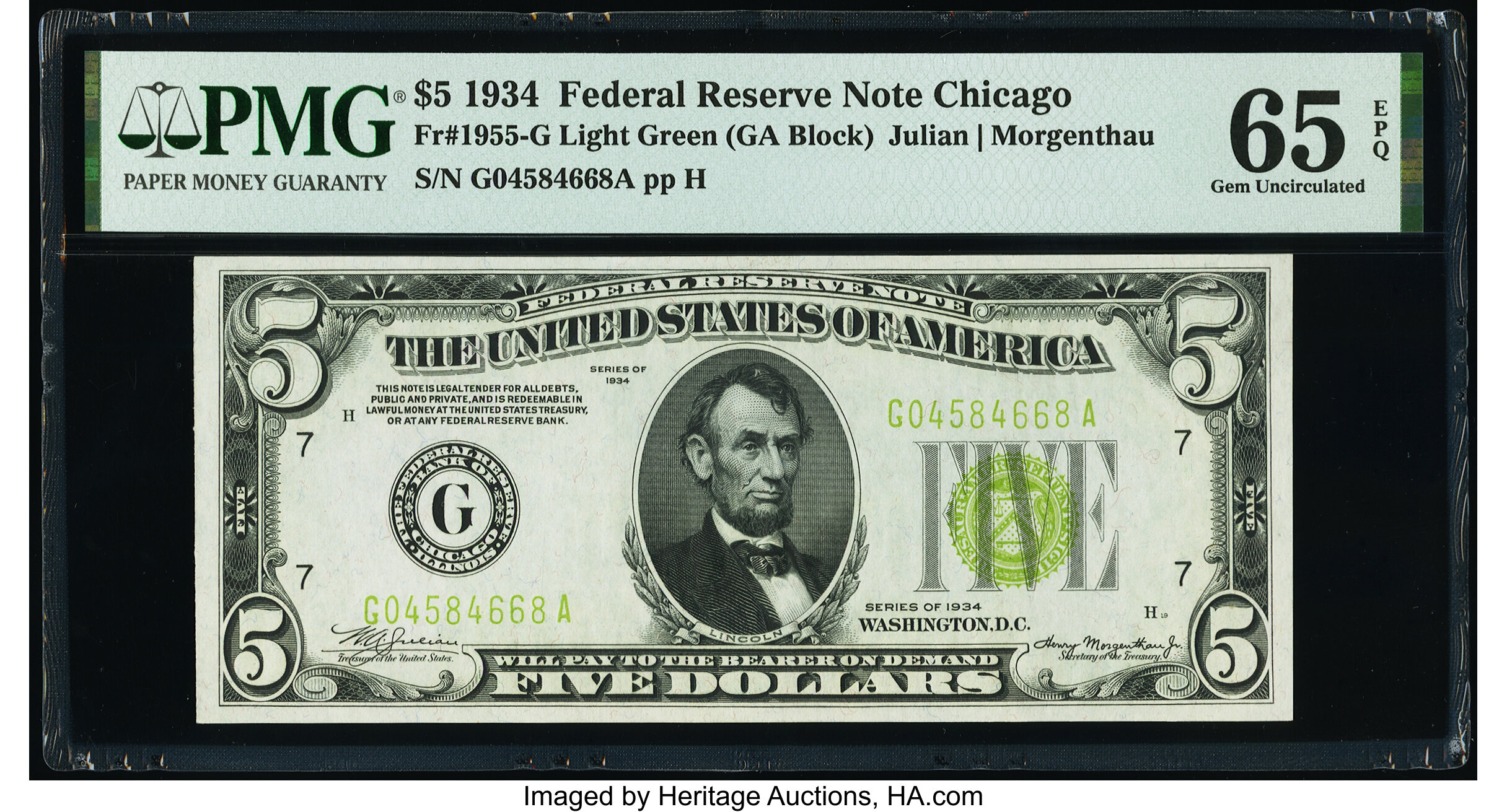 image for: Fr. 1955-G $5 1934 Federal Reserve Note. PMG Gem Uncirculated 65 EPQ....