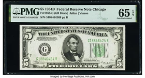 image for: Fr. 1958-G $5 1934B Federal Reserve Note. PMG Gem Uncirculated 65 EPQ....