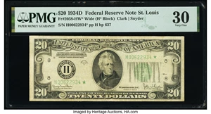 image for: Fr. 2058-H* $20 1934D Wide Federal Reserve Star Note. PMG Very Fine 30....