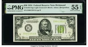 image for: Fr. 2102-E $50 1934 Federal Reserve Note. PMG About Uncirculated 55 EPQ....