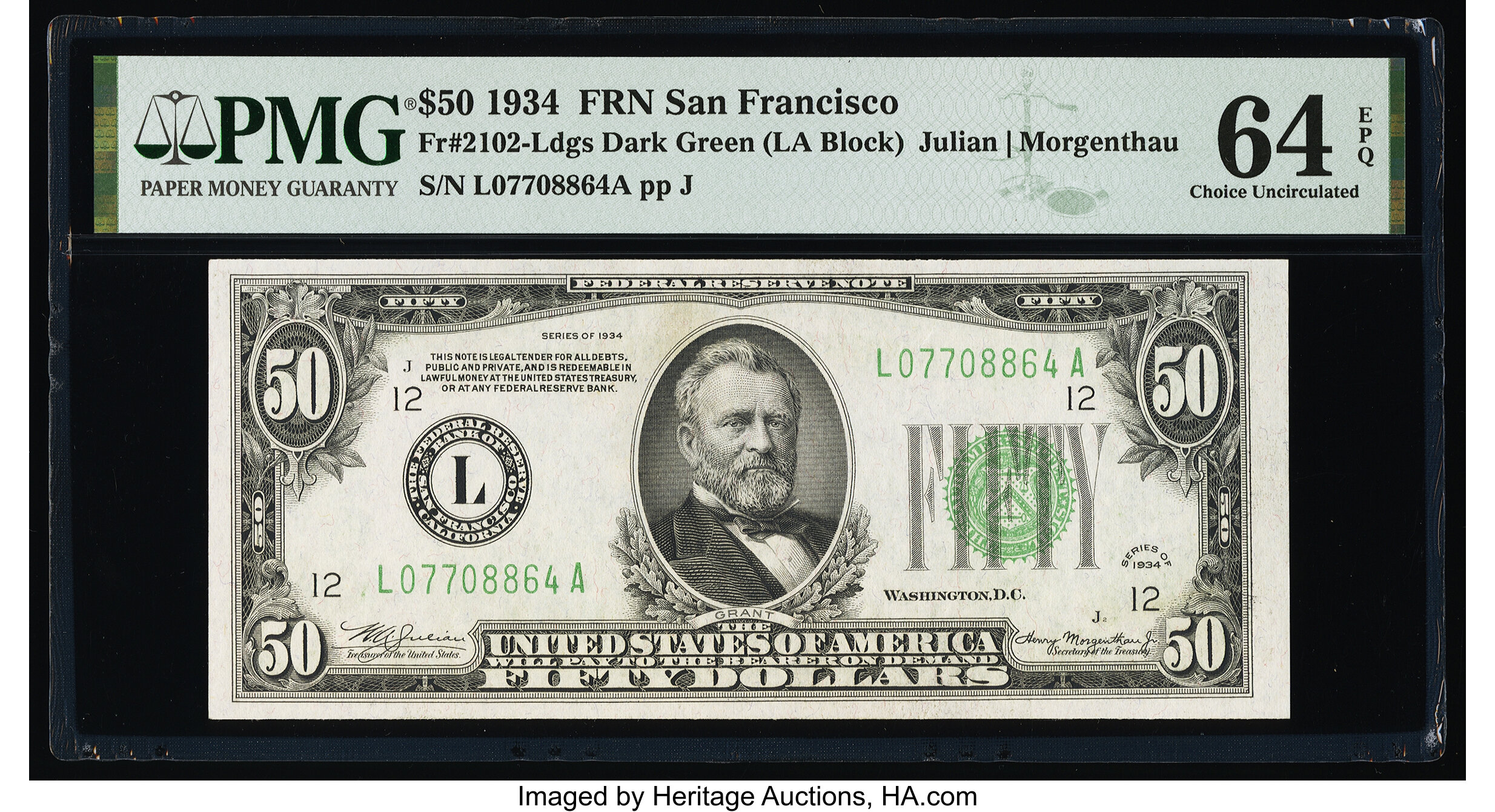 image for: Fr. 2102-L $50 1934 Federal Reserve Note. PMG Choice Uncirculated 64 EPQ....