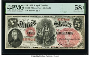 image for: Fr. 67 $5 1875 Legal Tender PMG Choice About Unc 58 EPQ....