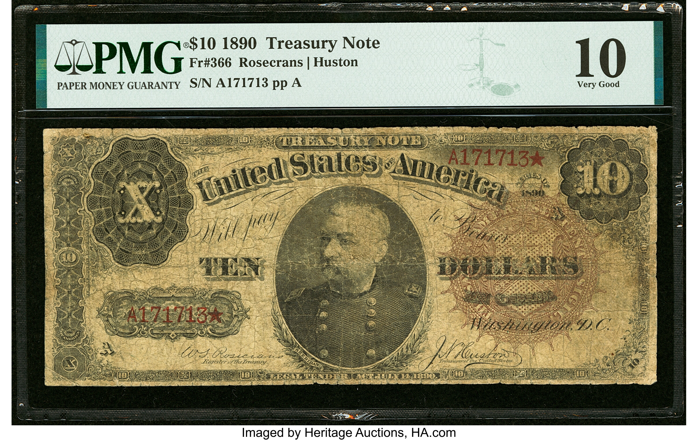 image for: Fr. 366 $10 1890 Treasury Note PMG Very Good 10....