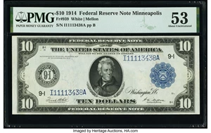 image for: Fr. 939 $10 1914 Federal Reserve Note PMG About Uncirculated 53....