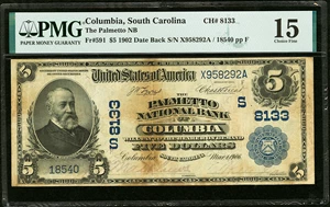 image for: Columbia, SC - $5 1902 Date Back Fr. 591 The Palmetto National Bank Ch. # (S)8133 PMG Choice Fine 15....