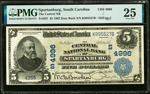 image for: Spartanburg, SC - $5 1902 Date Back Fr. 597 The Central National Bank Ch. # (S)4996 PMG Very Fine 25....