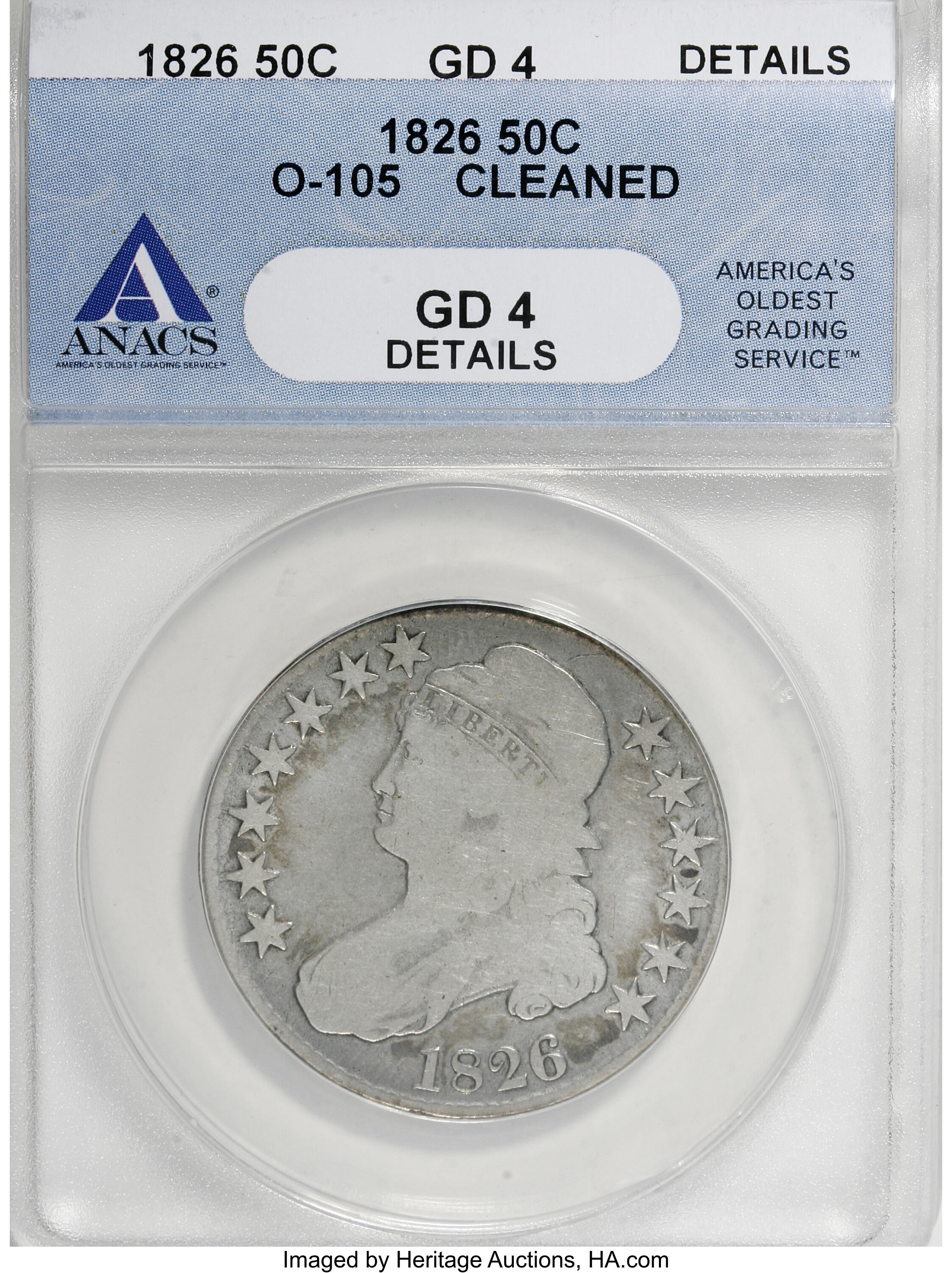 1826 50C --Cleaned--ANACS. Good 4 Details. O-105. NGC Census: (1/1373). PCGS Population (0/1129). Mintage: 4,000,000. Numis...