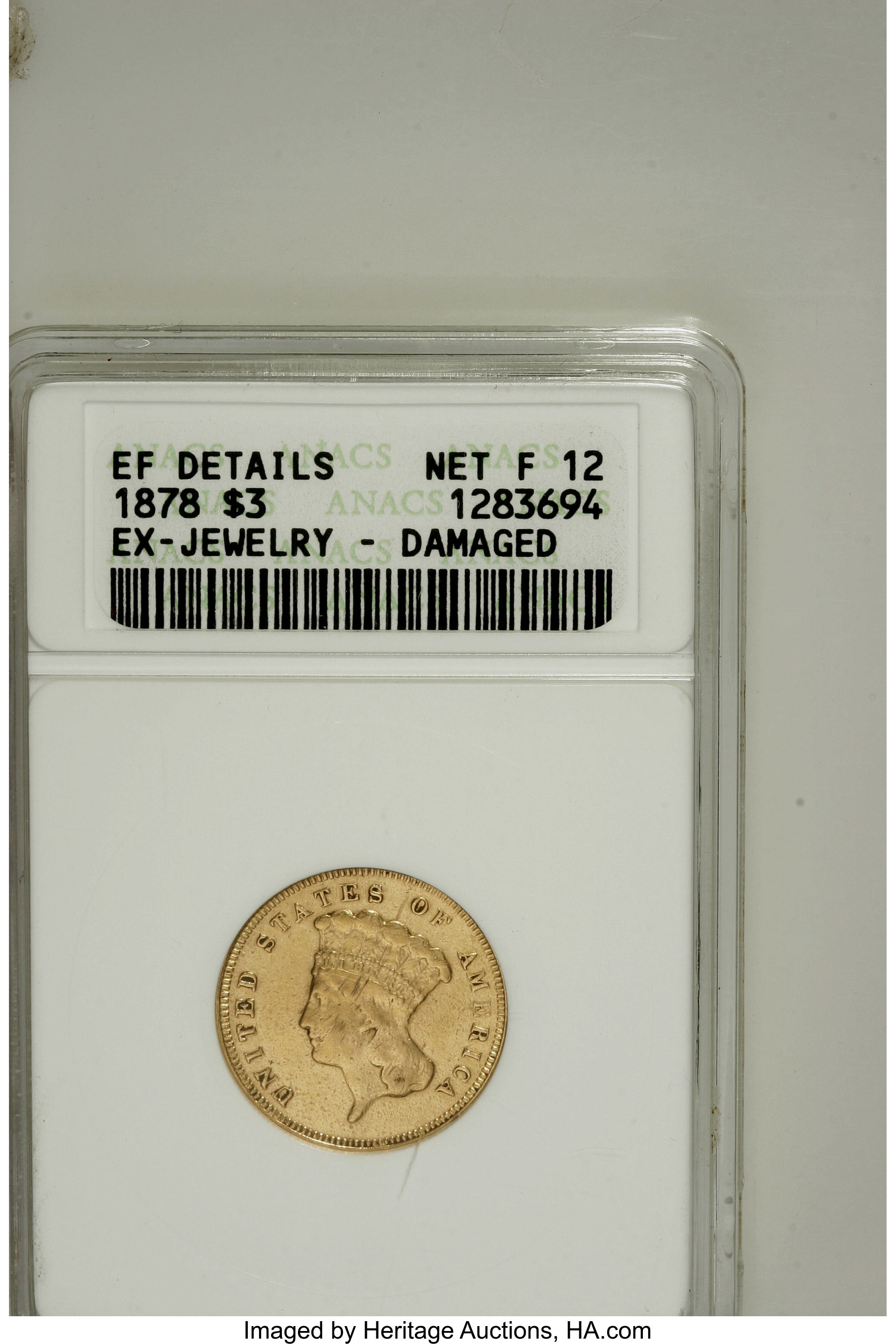 1878 $3 --Damaged, Ex-Jewelry--ANACS. XF Details Net F12. NGC Census: (0/4540). PCGS Population (1/4866). Mintage: 82,324. N...