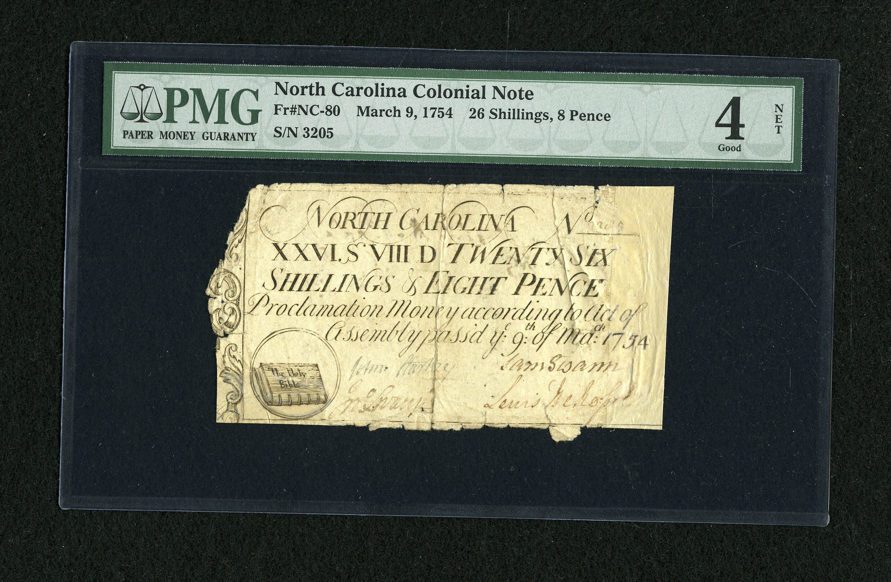 image for: North Carolina March 9, 1754 26s/8d PMG Good 4 Net....