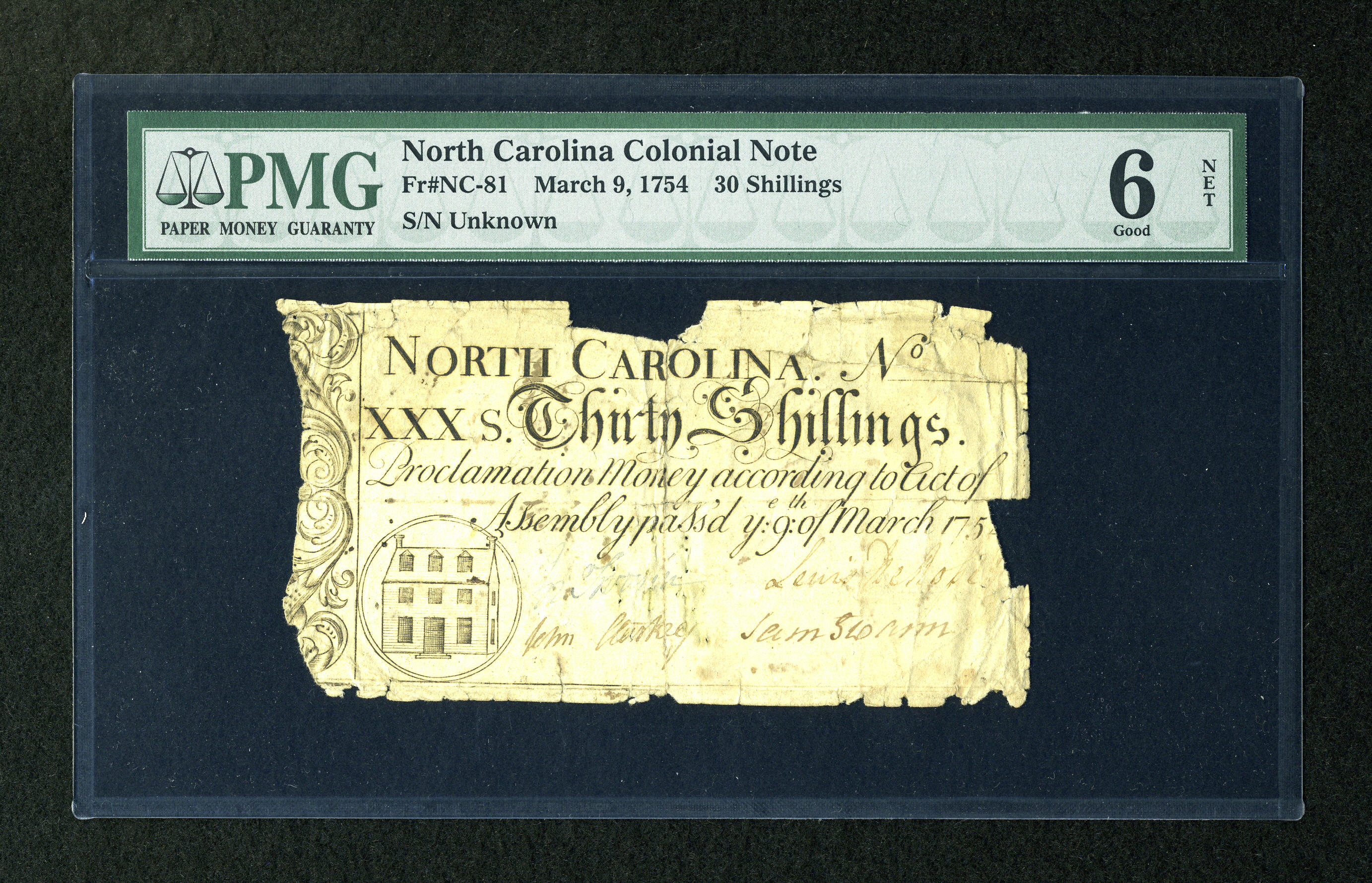 image for: North Carolina March 9, 1754 30s PMG Good 6 Net....