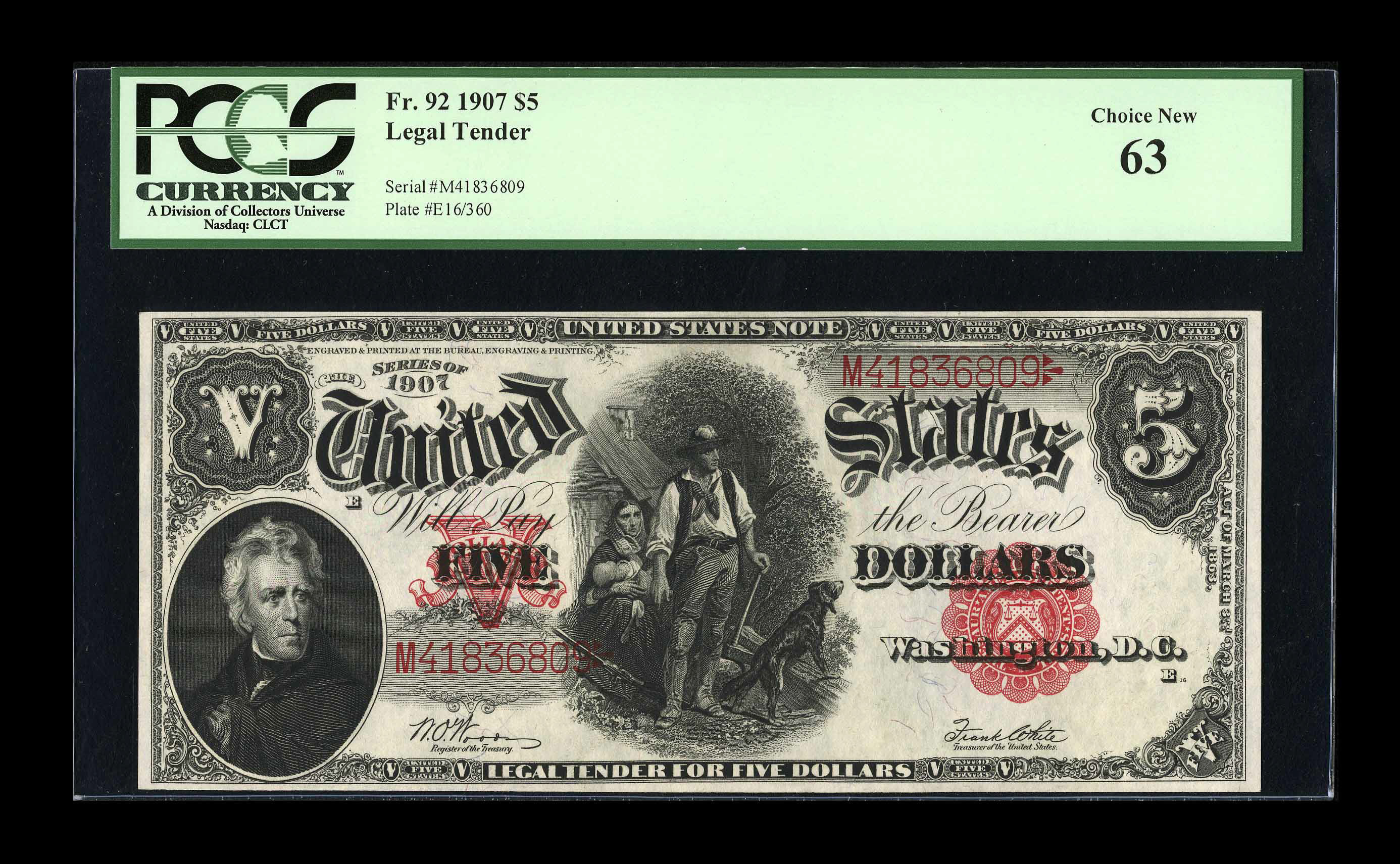 image for: Fr. 92 $5 1907 Legal Tender PCGS Choice New 63....