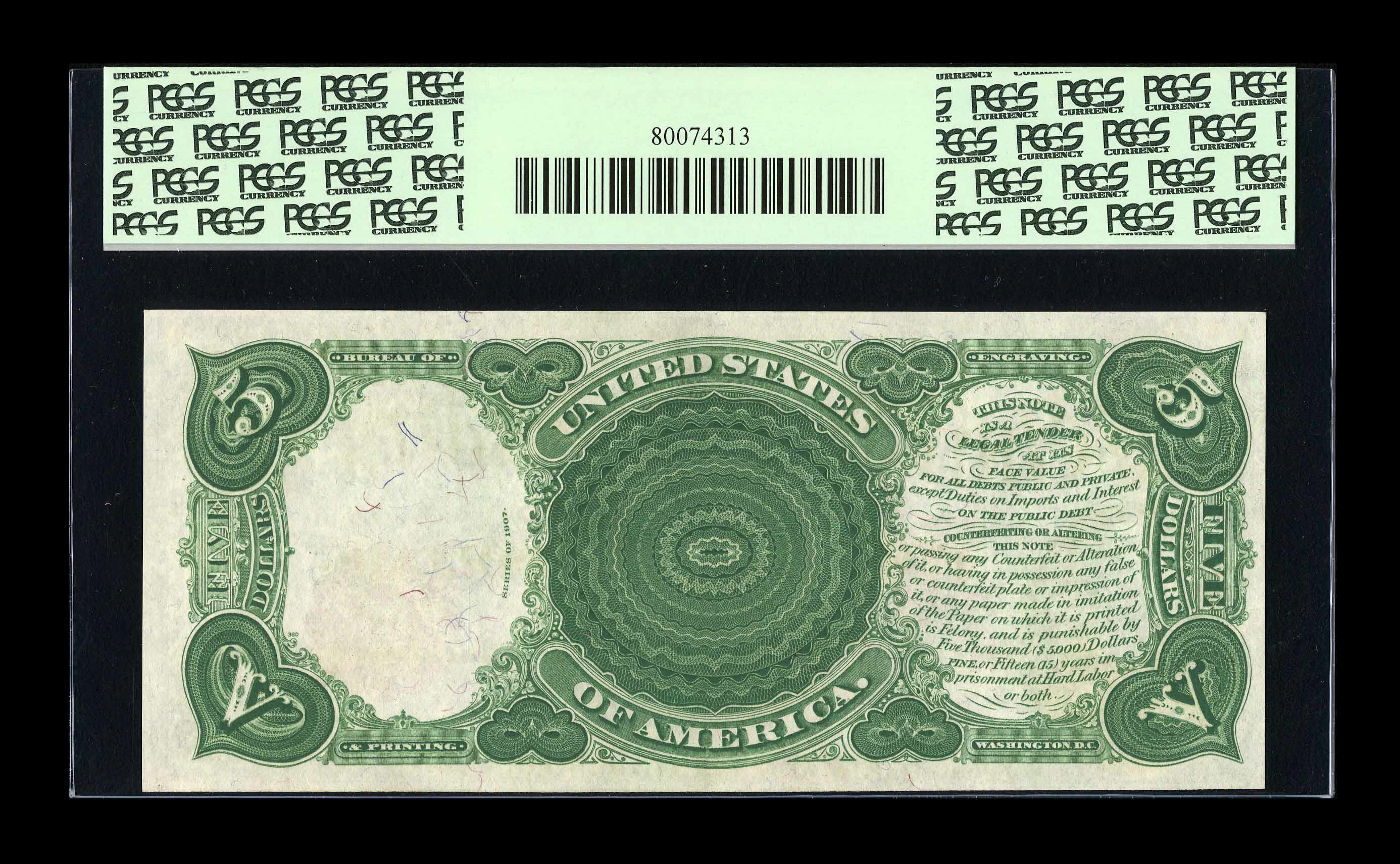 image for: Fr. 92 $5 1907 Legal Tender PCGS Choice New 63....