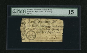 image for: North Carolina April 4, 1748 40s PMG Choice Fine 15....