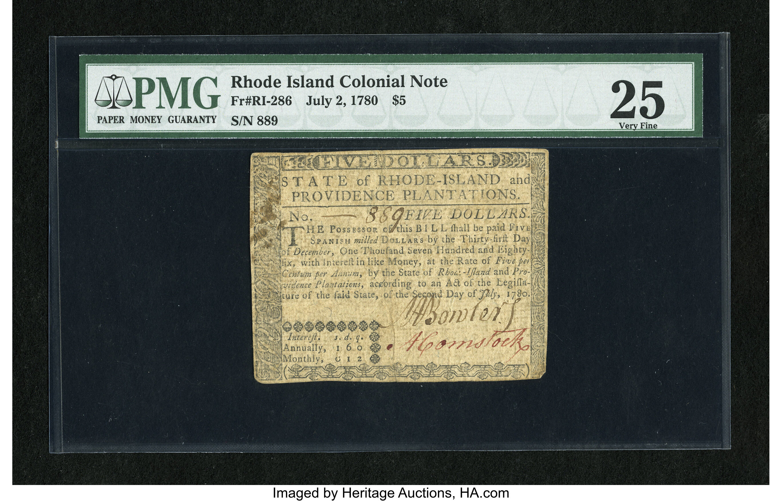 image for: Rhode Island July 2, 1780 $5 PMG Very Fine 25....