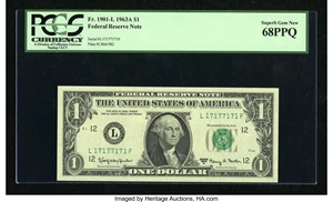 image for: Fr. 1901-L $1 1963A Federal Reserve Radar Note. PCGS Superb Gem New 68PPQ....
