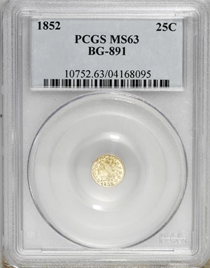image for: 1852 25C Indian Round 25 Cents, BG-891, Low R.5, MS63 PCGS. PCGS Population (9/22). NGC Census: (2/2). (#10752)...