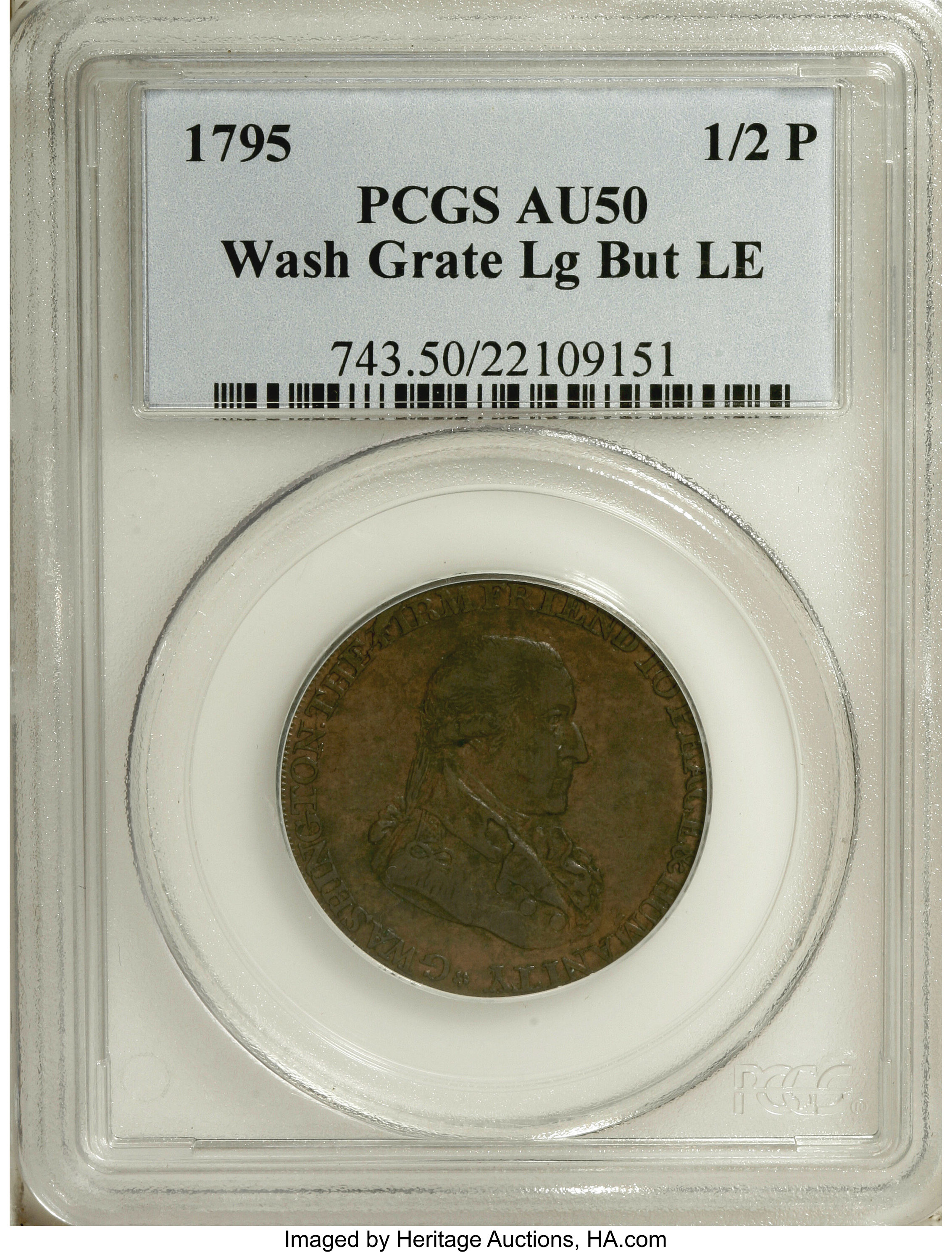 image for: 1795 1/2P Washington Grate Halfpenny, Large Buttons, Lettered Edge AU50 PCGS....