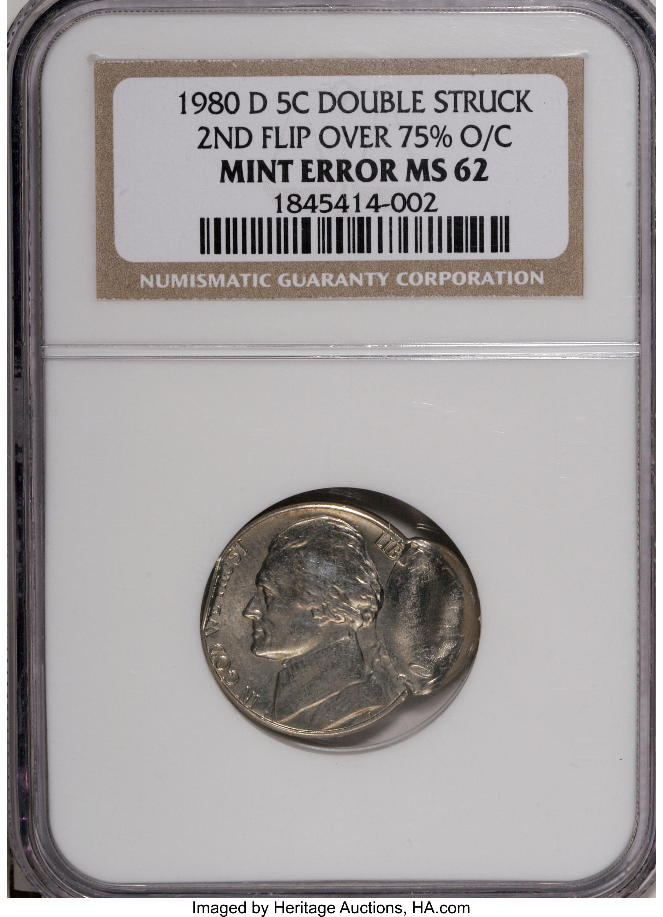 image for: 1980-D 5C Jefferson Nickel--Double Struck, Second Strike Flipover & 75% Off Center--MS62 NGC....