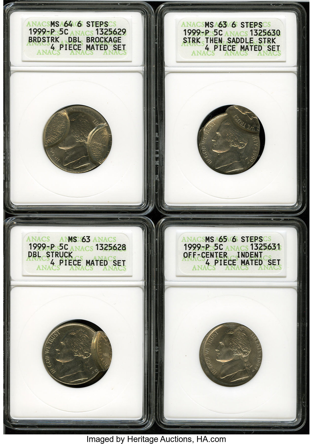 image for: 1999-P 5C Jefferson Nickel Four Piece Mated Set ANACS.... (Total: 4 coins)