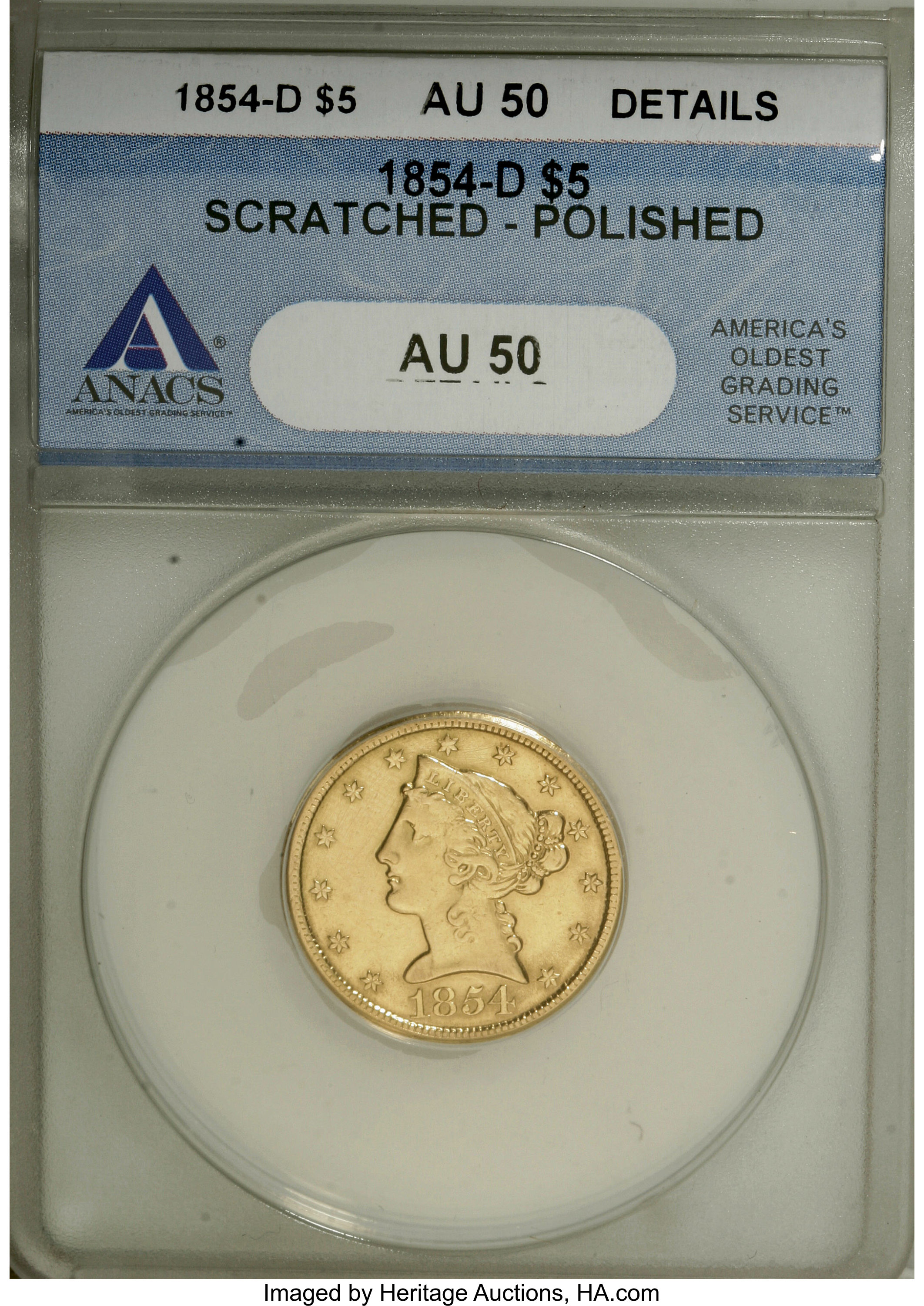 image for: 1854-D $5 Medium D--Scratched, Polished--ANACS. AU50 Details....