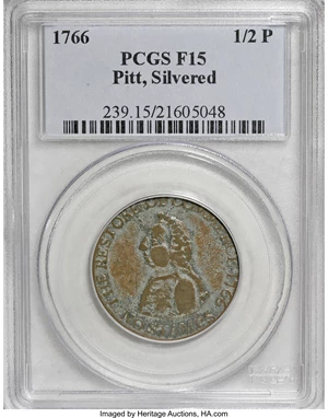 image for: 1766 1/2P Pitt Halfpenny, Silvered Fine 15 PCGS....