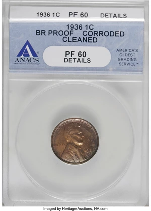 image for: 1936 1C Type Two--Brilliant Finish Brown--Cleaned, Corroded--ANACS. PF60 Details. NGC Census: (0/26). PCGS Population (0/3)...