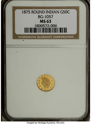 image for: 1875 50C Indian Round 50 Cents, BG-1057, High R.5, MS63 NGC. NGC Census: (3/0). PCGS Population (7/10). (#10886)...