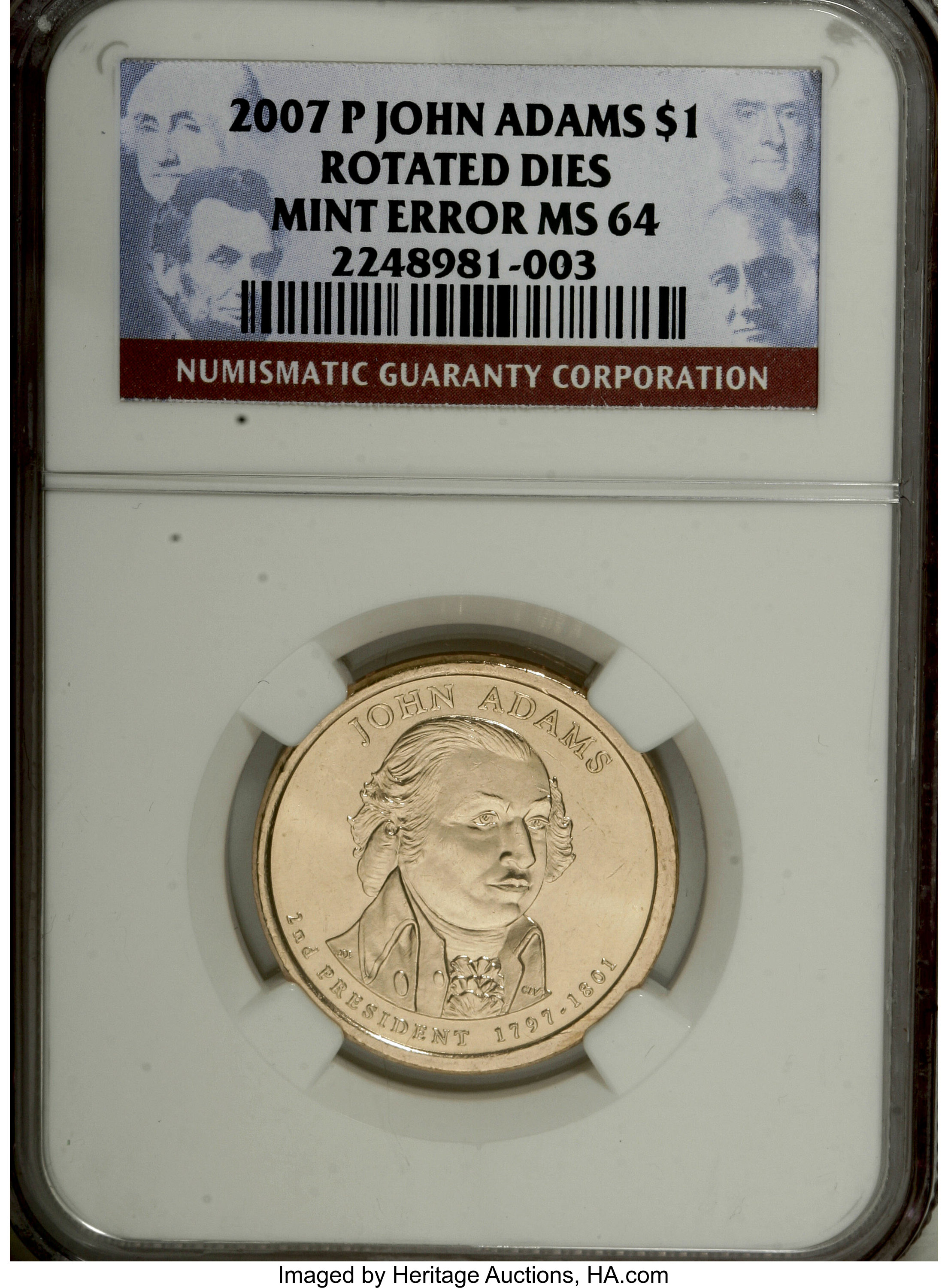 image for: 2007-P One Dollar John Adams--Rotated Dies--MS64 NGC. NGC Census: (0/0). PCGS Population (140/139).   (#148054)...