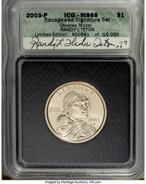 image for: 2003-P SAC$1 MS68 ICG. Sacagawea Signature Set Obverse Model Randy'L Teton Limited Edition #0...