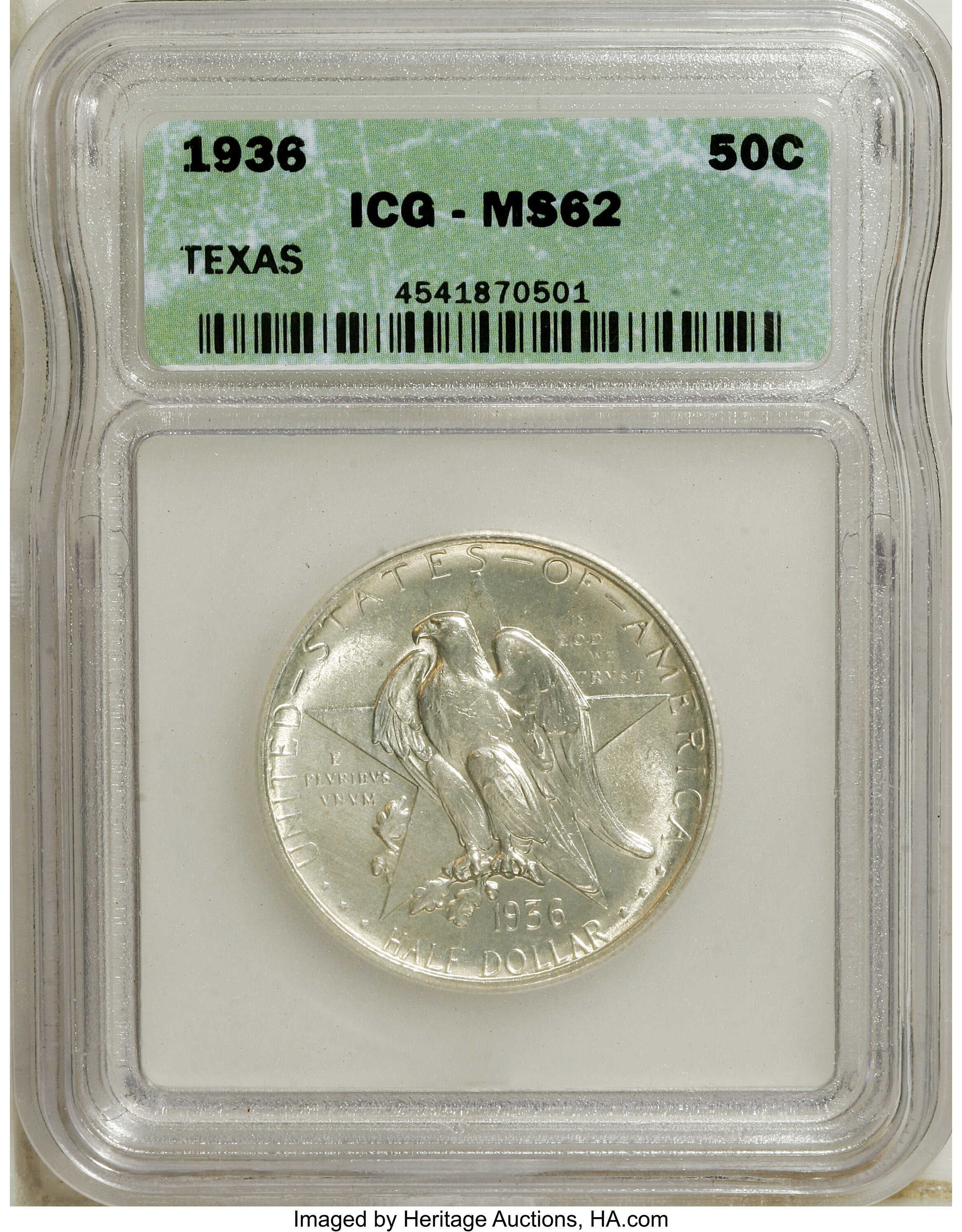 1936 50C Texas MS62 ICG. NGC Census: (0/1220). PCGS Population (15/2021). Mintage: 8,911. Numismedia Wsl. Price for NGC/PCG...