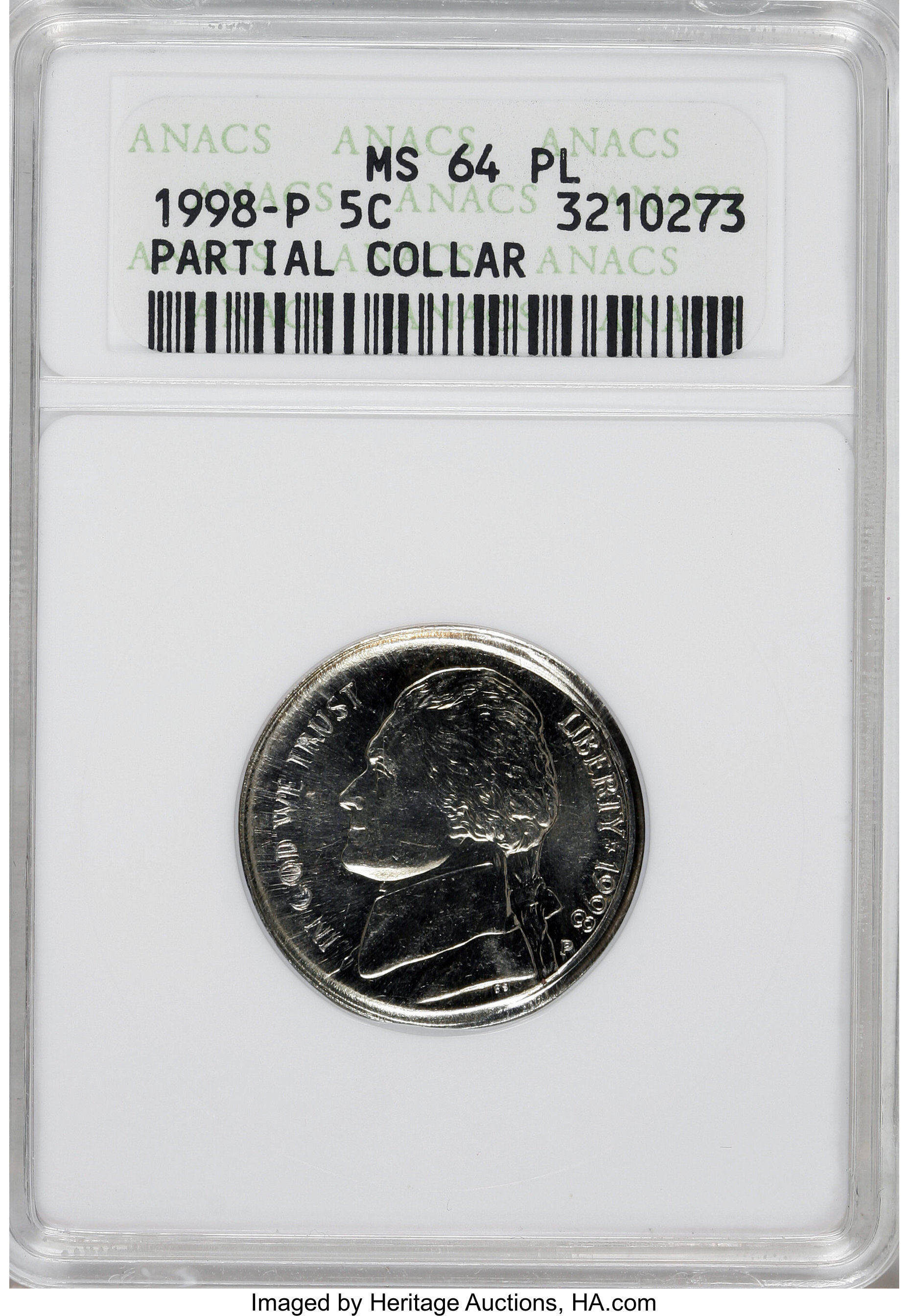 image for: 1998-P 5C Jefferson Nickel Partial Collar MS64 Prooflike ANACS. ...