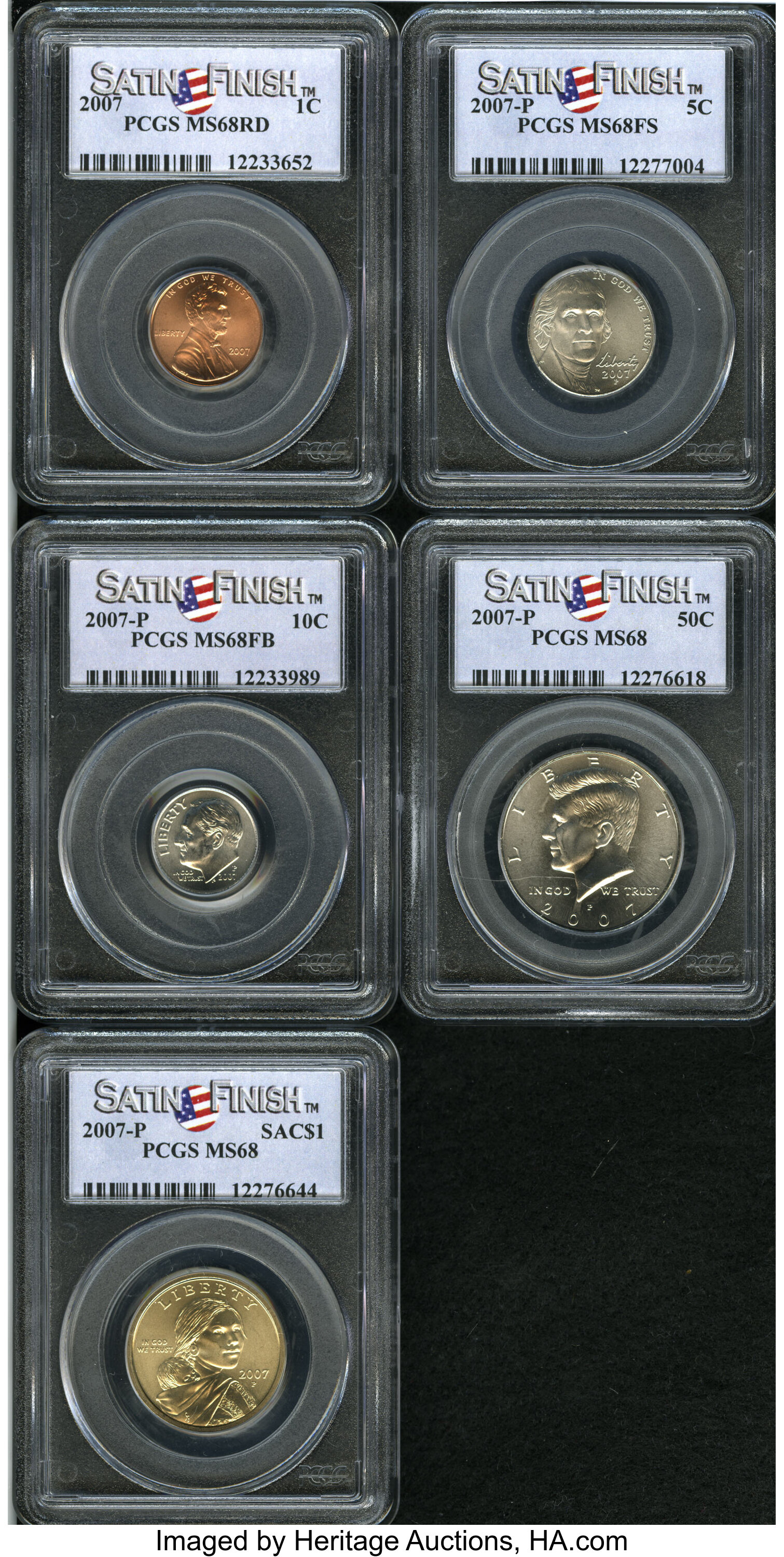image for: 2007 1C Satin Finish MS68 Red PCGS. The Set includes 2007 Lincoln Cent Red Satin Finish, 2007-P Jefferson Nickel FS Satin F... (Total: 5 coins)