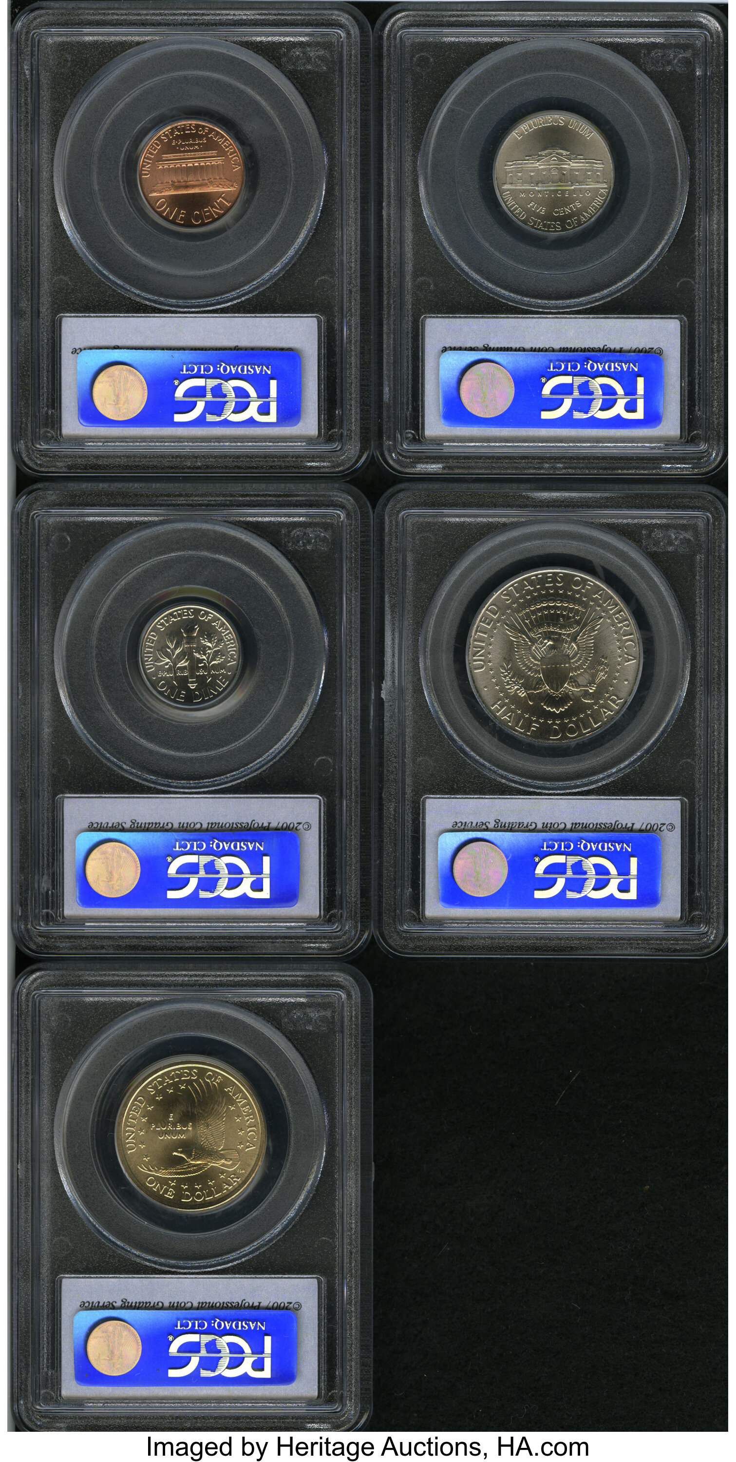 image for: 2007 1C Satin Finish MS68 Red PCGS. The Set includes 2007 Lincoln Cent Red Satin Finish, 2007-P Jefferson Nickel FS Satin F... (Total: 5 coins)