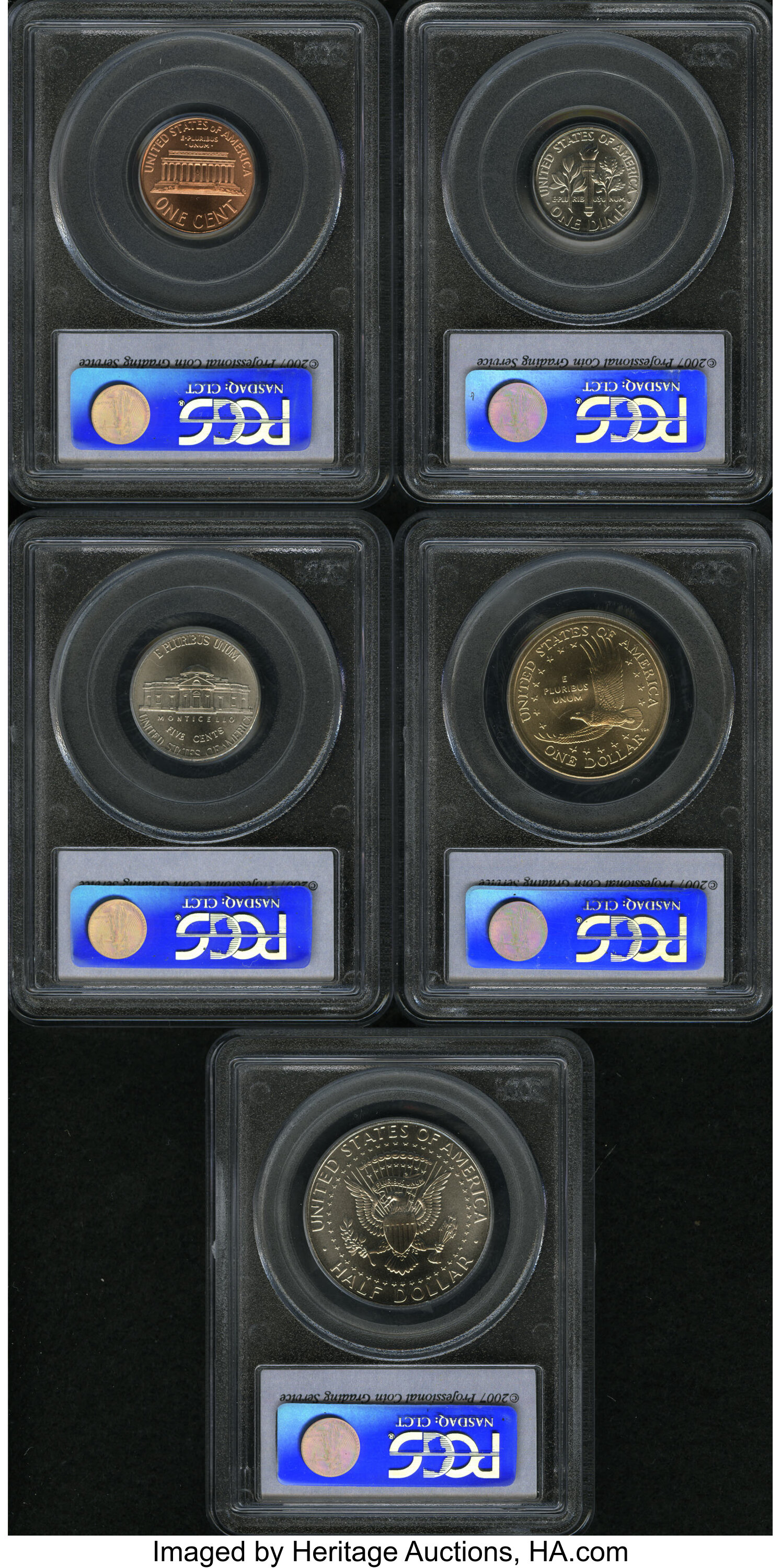 image for: 2007 1C Satin Finish MS68 Red PCGS. The Set includes 2007-D Lincoln Cent Red Satin Finish, 2007-D Jefferson Nickel Full Ste... (Total: 5 coins)