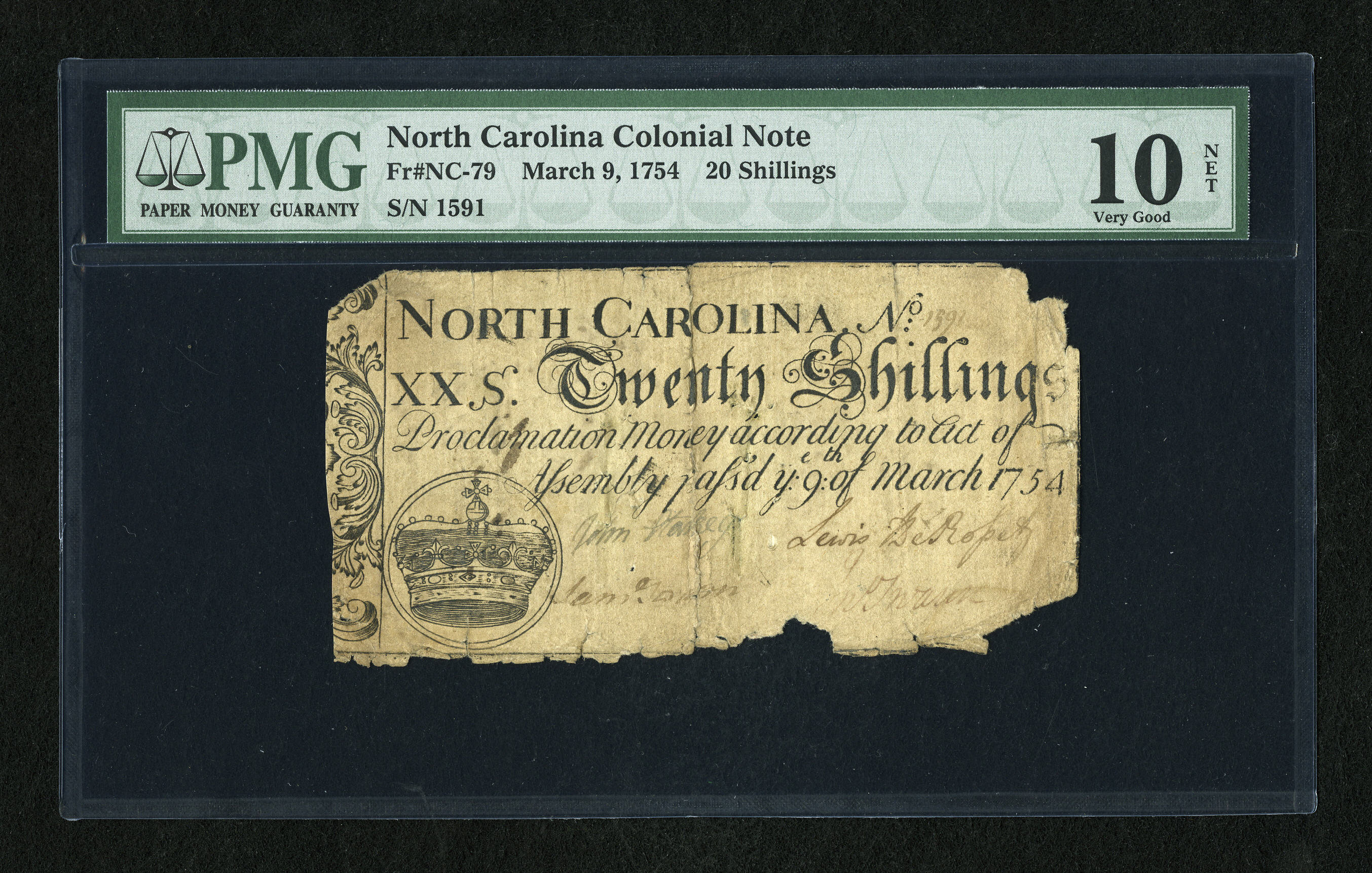 image for: North Carolina March 9, 1754 20s PMG Very Good Net 10....