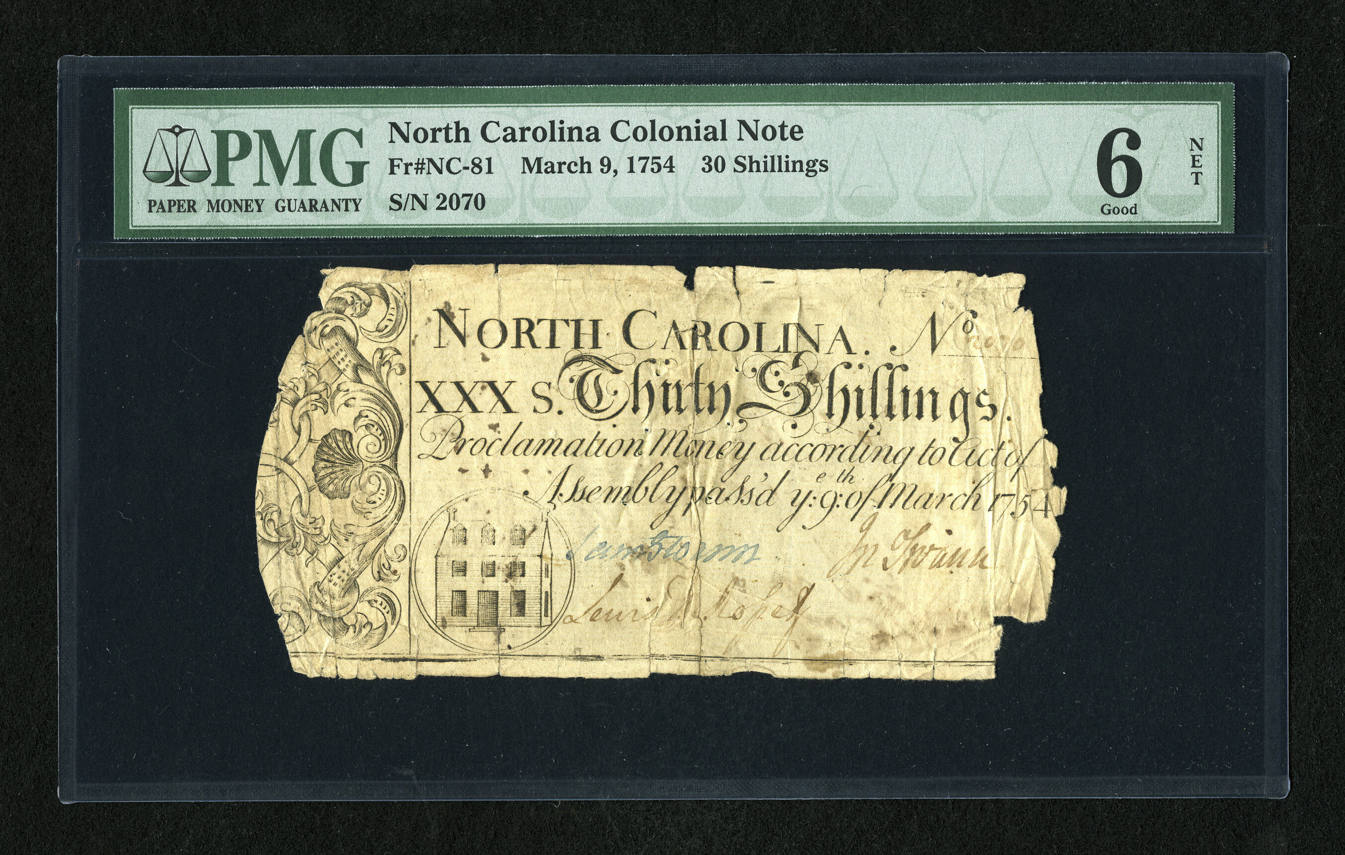 image for: North Carolina March 9, 1754 30s PMG Good Net 6....