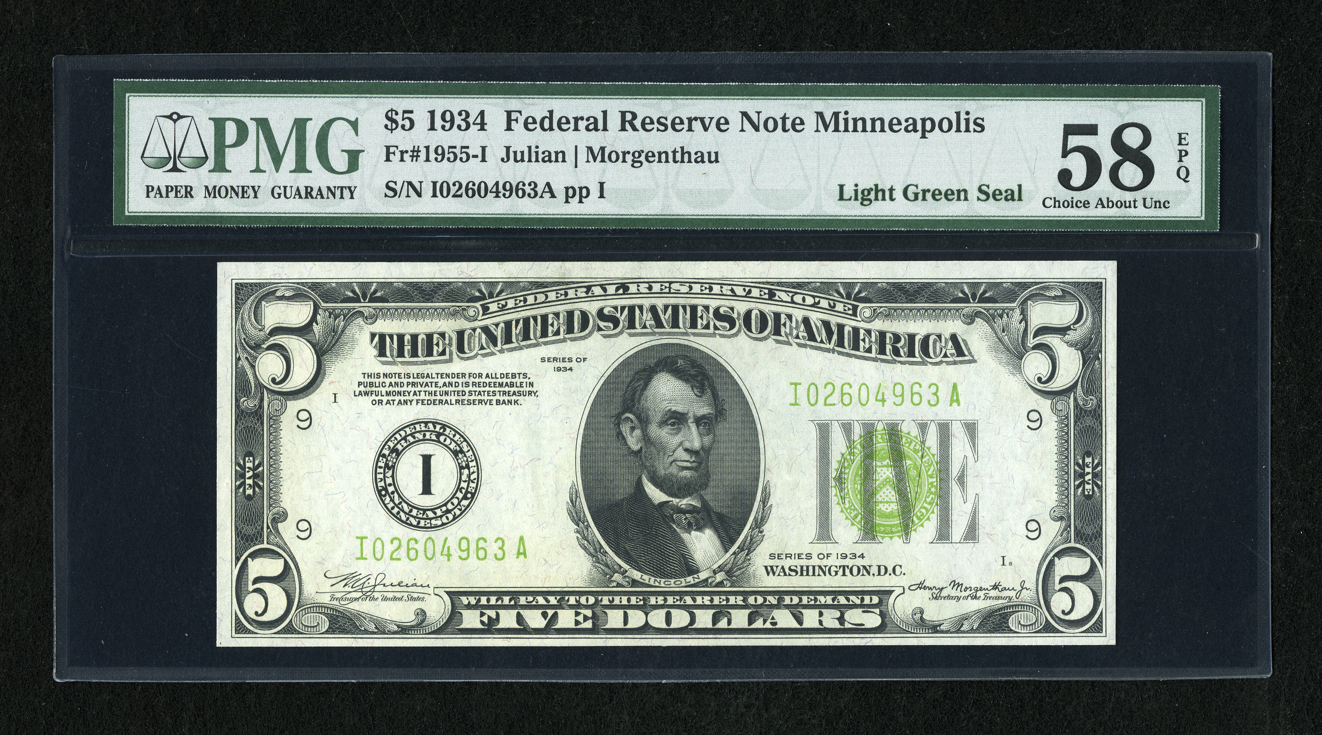 image for: Fr. 1955-I $5 1934 Light Green Seal Federal Reserve Note. PMG Choice About Unc 58 EPQ....