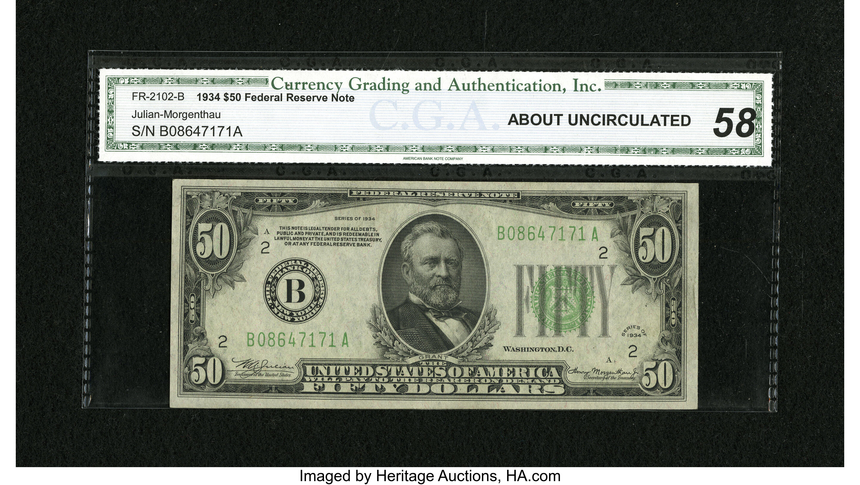 image for: Fr. 2102-B $50 1934 Federal Reserve Note. CGA About Uncirculated 58....
