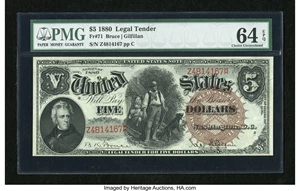 image for: Fr. 71 $5 1880 Legal Tender PMG Choice Uncirculated 64 EPQ....